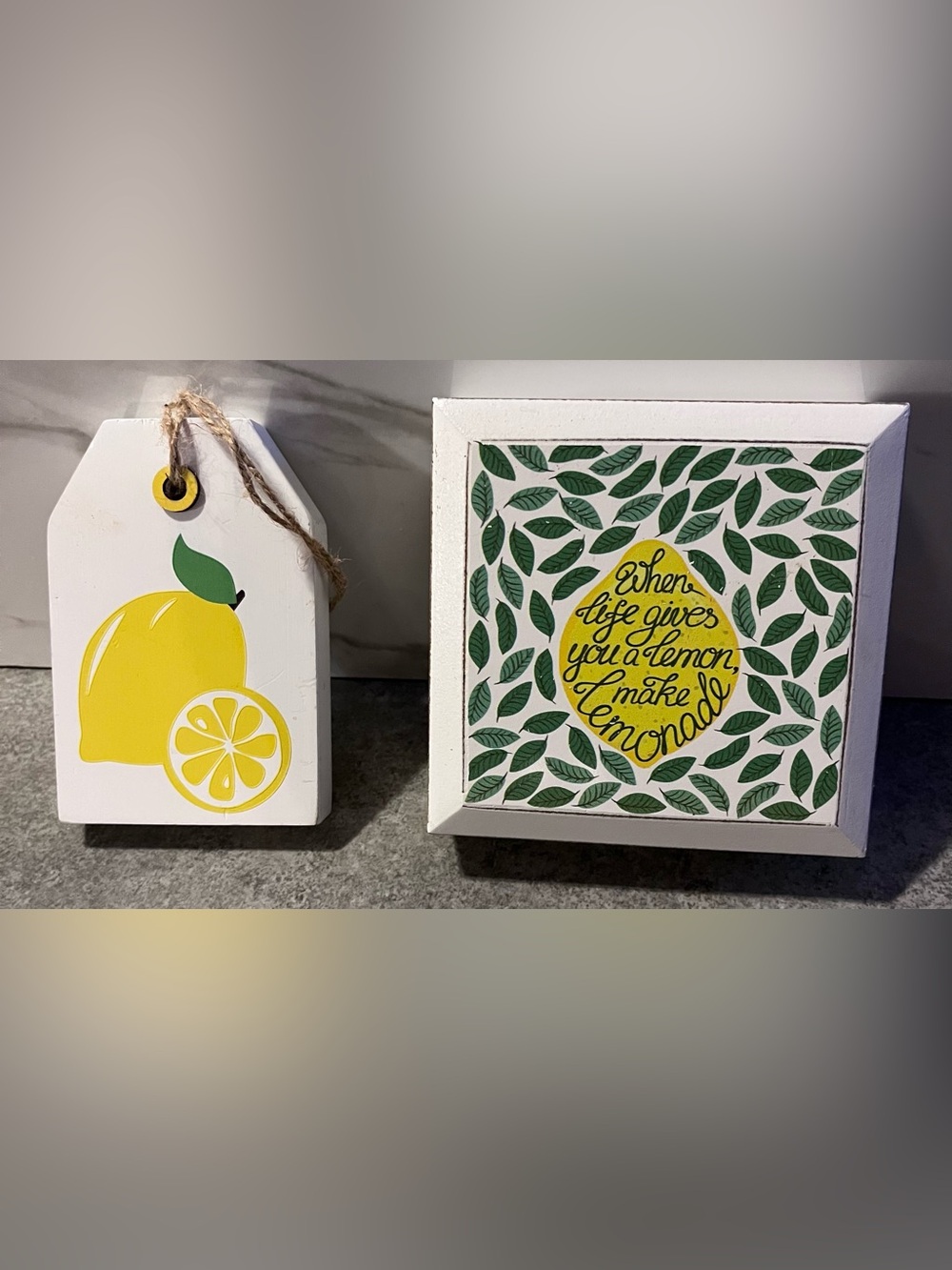 Yellow Lemon Kitchen Decor Set 2pc Wooden Block Sign Tiered Tray